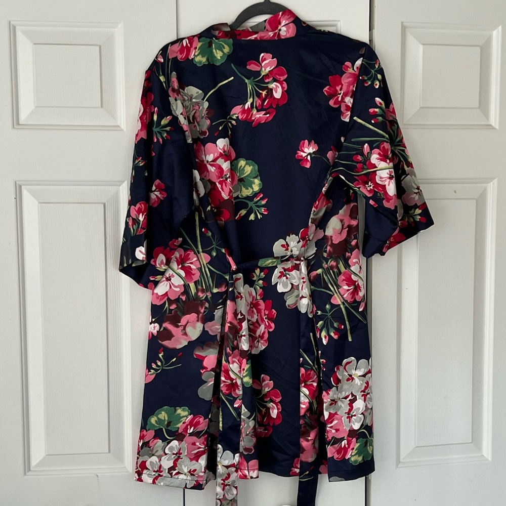 Navy Floral Satin Kimono Robe/ Bridal Bridesmaids- S/M